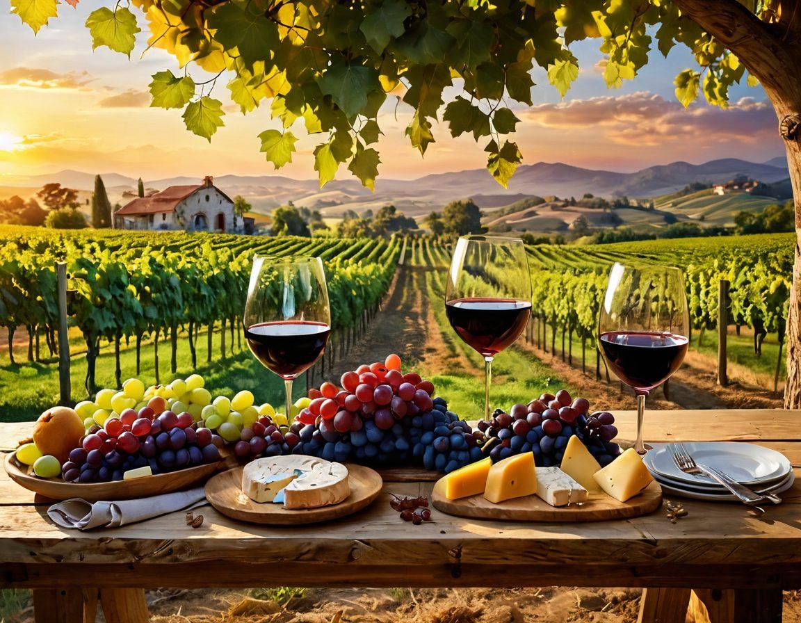 A picturesque vineyard with rows of lush grapevines under a golden sunset, featuring a couple joyfully toasting with glasses of red wine. Artistic details of a rustic wooden table with an assortment of cheeses and fruits. Light reflections sparkling on the wine glasses inviting warmth and celebration. A soft background melody of nature adds a sense of serenity. vibrant colors. super-realistic.