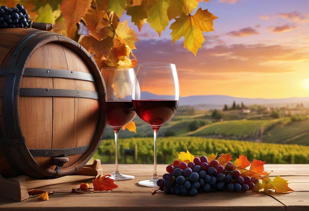 A serene vineyard at sunset, with lush grapevines heavy with ripe grapes, a wooden wine barrel in the foreground, and a glass of red wine capturing the golden hues of the sky. Include an elegant corkscrew and scattered grape leaves around the glass, evoking a sense of artistry and joy in wine appreciation. The ambiance should convey warmth and tranquility. super-realistic. vibrant colors. 3D.