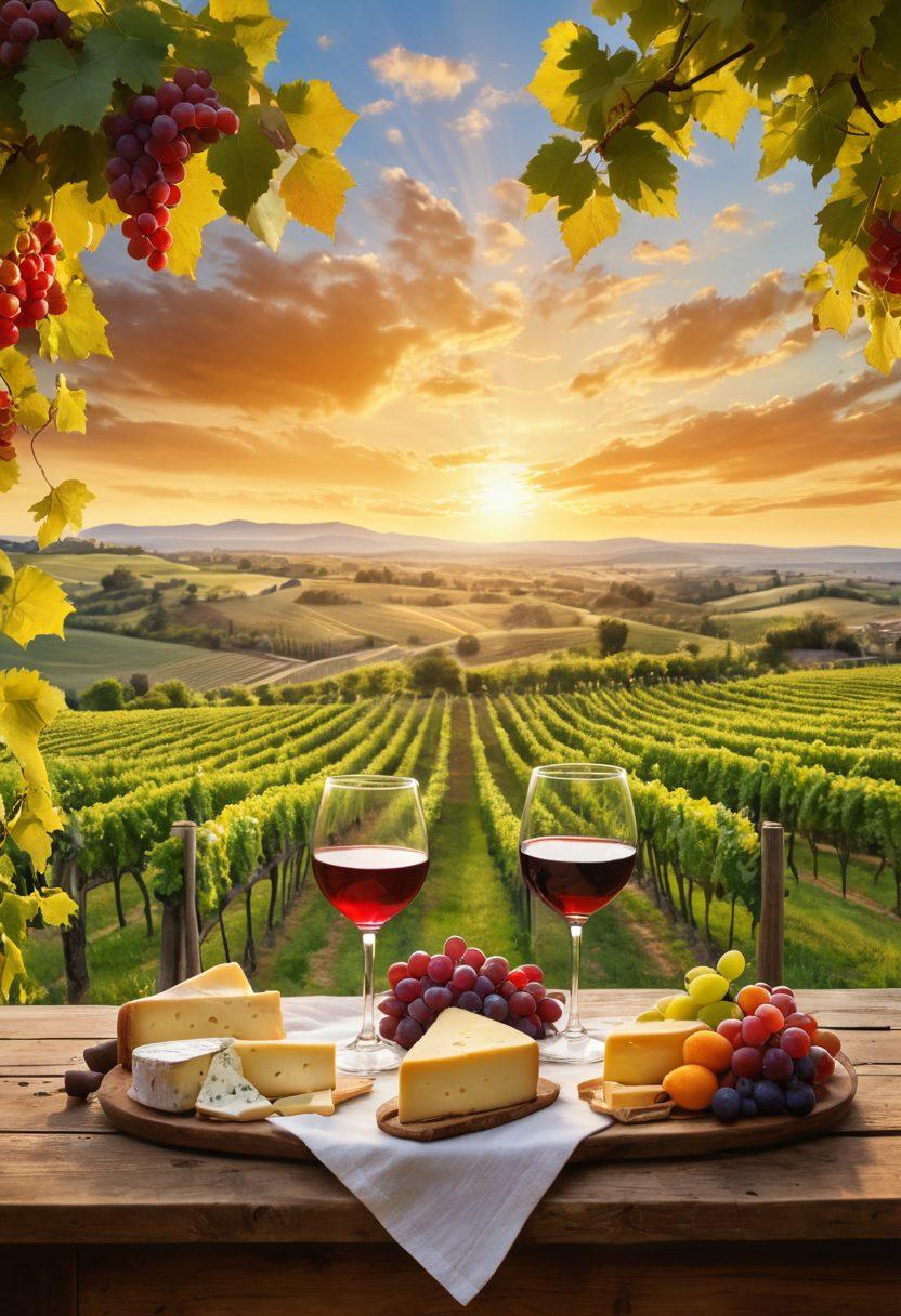 A picturesque vineyard at sunset, with rows of grapevines stretching into the horizon. A rustic wooden table is set with an array of wine glasses filled with different shades of red and white wine, alongside a selection of artisanal cheeses and fresh fruits. Above, wispy clouds are painted in warm golden hues, evoking a sense of tranquility and bliss. A couple is seen clinking glasses in a toasting gesture, surrounded by lush greenery. vibrant colors. super-realistic.